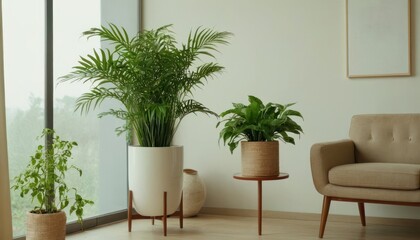 Fototapeta premium A potted palm and other plants decorate a modern living room, enhancing its stylish interior design