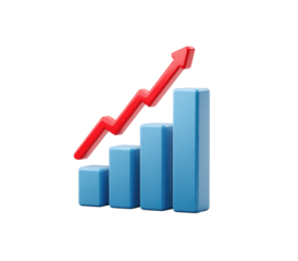 3D graphic of a rising bar graph, light blue bars, red upward arrow