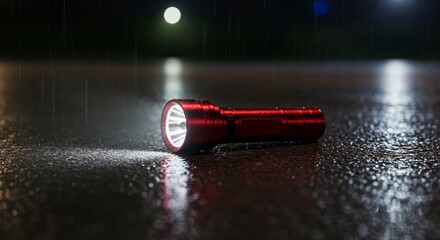 Flashlight on wet floor at night with rain and reflections in cool street light, outdoor view