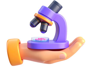 Hand holding purple microscope with petri dish, cartoon style, symbolizing scientific research, laboratory work, and education, with playful and creative mood