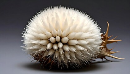 A close-up view of a spherical seed head, showcasing intricate details of the fine, white hairs and the textured, brown bracts that form a striking contrast.