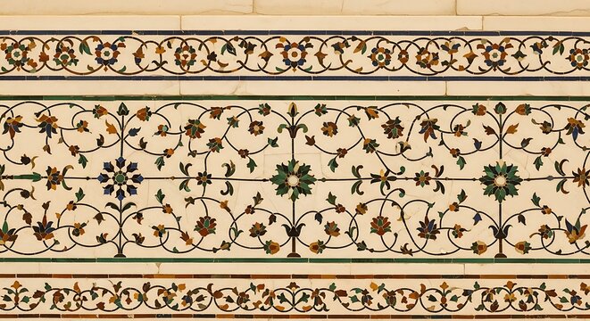 Detailed Floral Inlay Pattern on a Marble Wall of an Indian Monument.