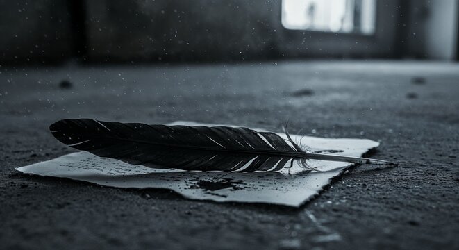 Feather quill on torn page in abandoned space with stains and cold gritty light on concrete floor - Powered by Adobe