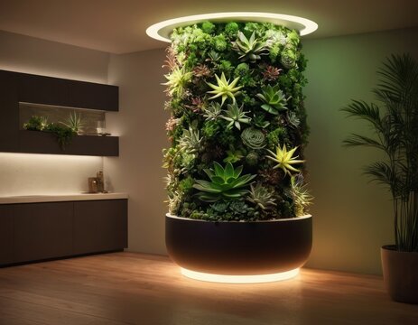 A plant in a stylish pot on a table brightens a modern living room interiorA plant in a stylish pot on a table brightens a modern living room interior