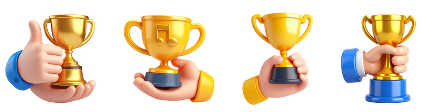 Golden trophy hand thumb up music note blue sleeve yellow cup competition victory celebration success cheerful emotion isolated cartoon style 3D illustration award achievement winner contest