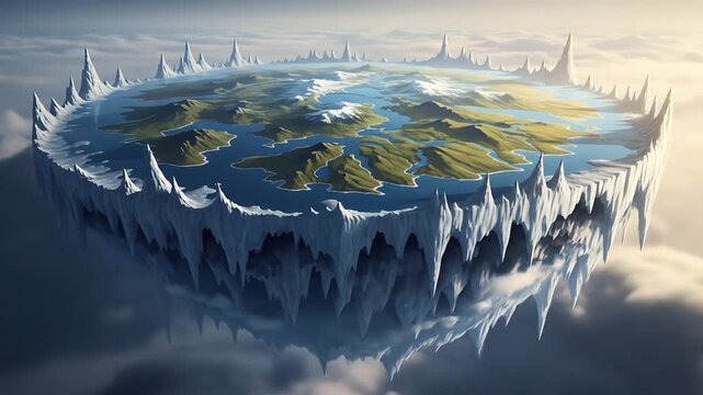 A detailed map of a fantasy flat earth model, floating in the sky with an ice wall boundary, illustrating an ancient cosmology concept