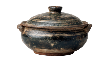 Brown and black ceramic bowl with lid, covered with a simple with visible traces of time on it and cracked glaze. Art style, ceramic craftsmanship