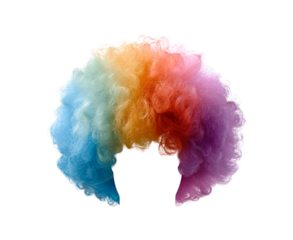 Vibrant multicolored curly wig showcasing rainbow spectrum hairpiece creativity on transparent background, PNG