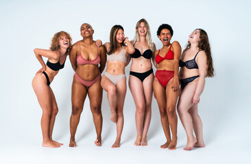 Multiethnic group of women wearing underwear with diverse kind of bodies