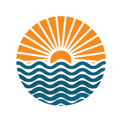 Stylized sun rising over wavy ocean on white background sunrise water