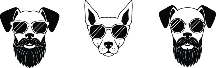 Cool Hipster Dog and Cat Portrait Vector Set, Funny Bearded Pets Wearing Stylish Sunglasses Black and White Illustrations for T-shirt Design.