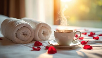 Luxurious hotel bedroom scene with rolled white spa towels, scattered red rose petals on bed. Steaming cup of coffee sits nearby, suggesting romantic weekend getaway with wellness treatments, room