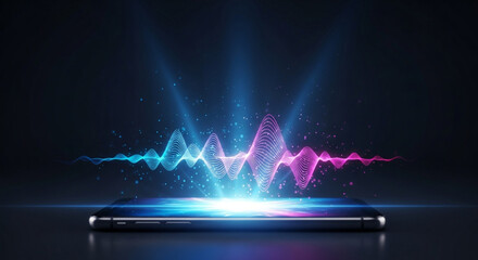 Abstract sound wave equalizer spectrum on mobile phone screen with vibrant color and dynamic effect