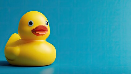 Bright yellow rubber duck on a vibrant blue background