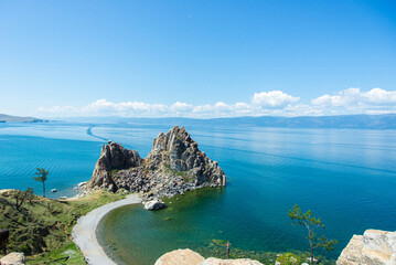 Scenic View of Lake Baikal with Shamanka Rock and Blue Turquoise Water