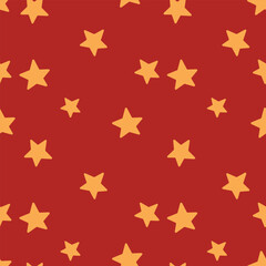 Stars seamless pattern on red background. Cute festive design for Christmas, New Year and holiday wrapping. 