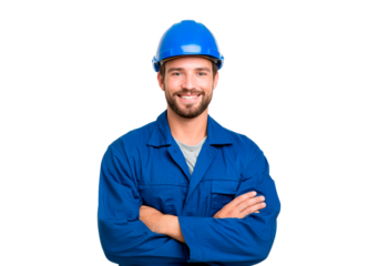 Man construction worker in blue coveralls and hard hat smiling on transparent background, PNG
