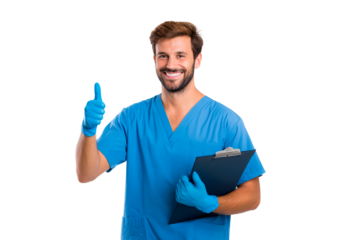 Smiling male healthcare worker with clipboard giving thumbs up on transparent background, PNG
