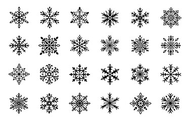 Snowflake. Silhouette snowflakes. Winter frost patterns. Holiday, seasonal design elements. Flat geometric and natural crystal shapes snow icons for Christmas cards, posters. Vector set