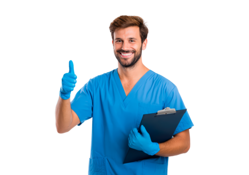 Smiling male healthcare worker with clipboard giving thumbs up on transparent background, PNG