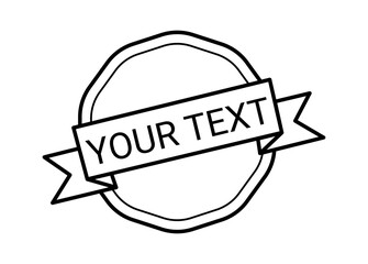 A black and white outline of a badge featuring a banner labeled 'YOUR TEXT', perfect for customization.