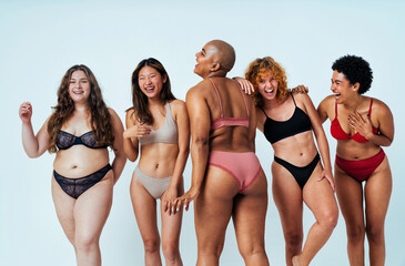 Multiethnic group of women wearing underwear with diverse kind of bodies