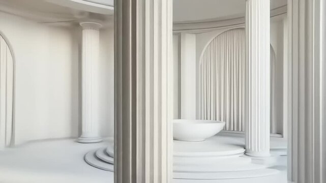 Architectural marvel: minimalist 3D rendering of all-white ionic columns and podium stage