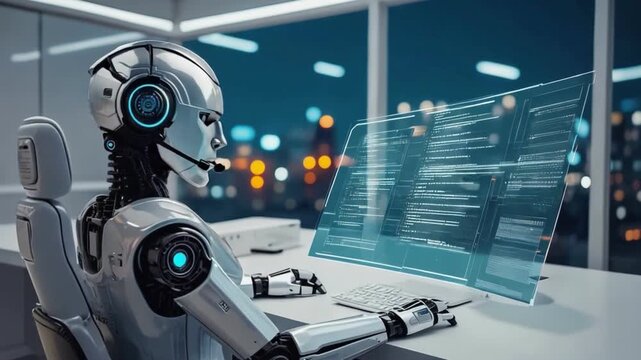 AI Interface at Work: A futuristic AI interfaces with a virtual screen, set in a modern office environment, embodying the innovative technology, Artificial intelligence