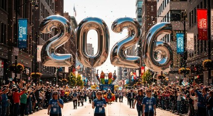 Obraz premium Huge 2026 balloons lead a city parade