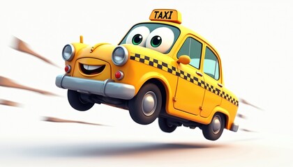 Obraz premium Cartoon yellow taxi flying in the air. Cheerful taxi character smiles. Urban transportation, travel concept. Illustration, animation, design, commercial, advertising, graphic.