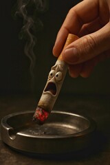 Terrified anthropomorphic cigarette about to be extinguished in ashtray