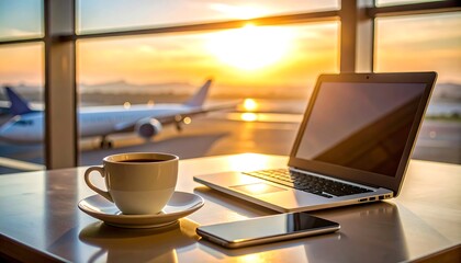 Laptop, coffee, and phone at airport window seat