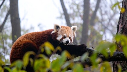 A red panda rests comfortably on a branch, surrounded by lush foliage and misty forest background.