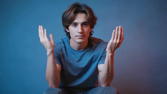 Uncertainty: A Young Man Expresses Uncertainty and Disbelief, His Hands Raised in Question. Capturing his expressions and raw emotions.
