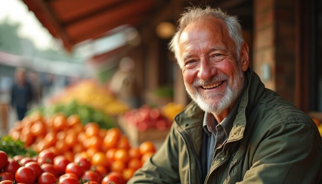 Smiling elderly man with grey beard in green jacket at outdoor fruit market. Colorful produce display with tomatoes, oranges, bananas. Scene shows healthy lifestyle, fresh organic food, community