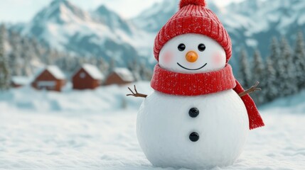 Obraz premium A cheerful snowman in a red scarf and hat stands against a snowy landscape, with rustic cabins and mountains in the background, Perfect for winter promotions, holiday cards, or festive decorations,