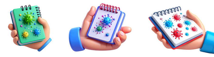 Hand holding notebook with colorful virus illustration 3D cartoon style medical concept isolated on transparency background vibrant educational healthcare creative cheerful science research