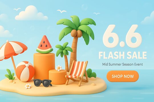 Summer Flash Sale Banner with Beach Umbrella, Coconut Tree, and Podium Display