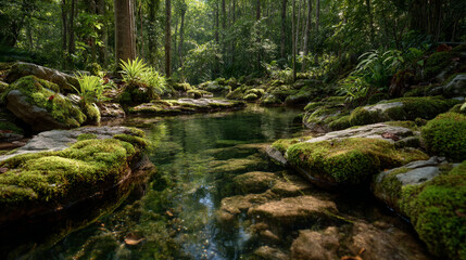 Fototapeta premium A serene view of a clear stream flowing through a lush green forest with mossy rocks around