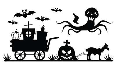 Fototapeta premium Halloween Silhouette Train with Goat Pulling Pumpkin and Monster on White Background carriage