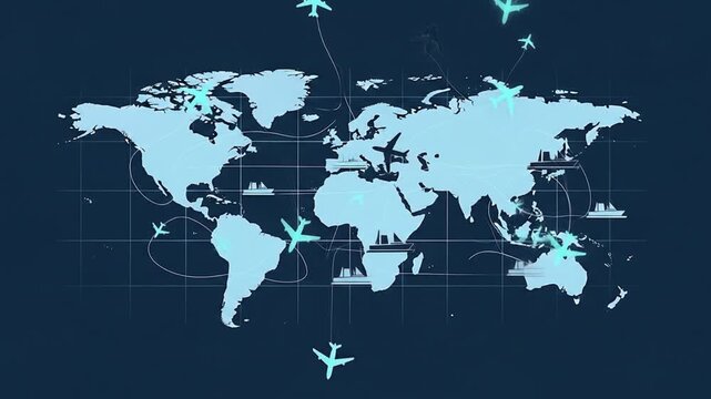 Global connectivity visualized on a modern flat earth map with interconnected flight paths, symbolizing worldwide travel and logistics networks across continents