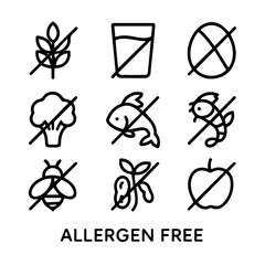 Allergen Free Food Icons Nine Symbols Showing Absence of Common Allergens.