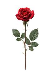 Single red rose, deep crimson hue,  on long stem, with dark green leaves.  Detailed floral image