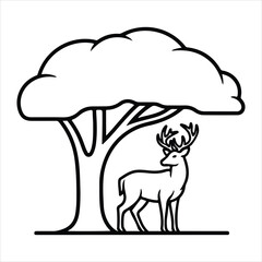 Black and white line art illustration of a deer standing under a stylized tree stag animal