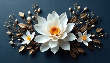 Elegant floral design with white flowers, gold leaves, buds on dark blue background. Delicate wedding decoration, perfect design for invitation, greeting cards. Natural beauty concept, artistic decor