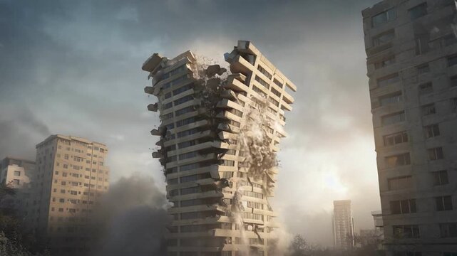 Demolition of Skyscraper: The implosion of a towering skyscraper unleashes a cloud of debris, showcasing the raw power of urban renewal and dramatic change.