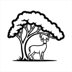 Black and white illustration of a stag standing under a stylized tree deer animal