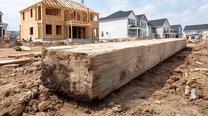 Large Wooden Beam at New Home Construction Site Outdoor Shot