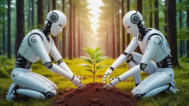 Robots Planting: Two robots working together to plant a young seedling in the forest, showcasing the symbiotic relationship between technology and nature.