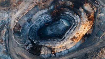 Open Pit Mine Aerial View with Blue Water and Heavy Machinery